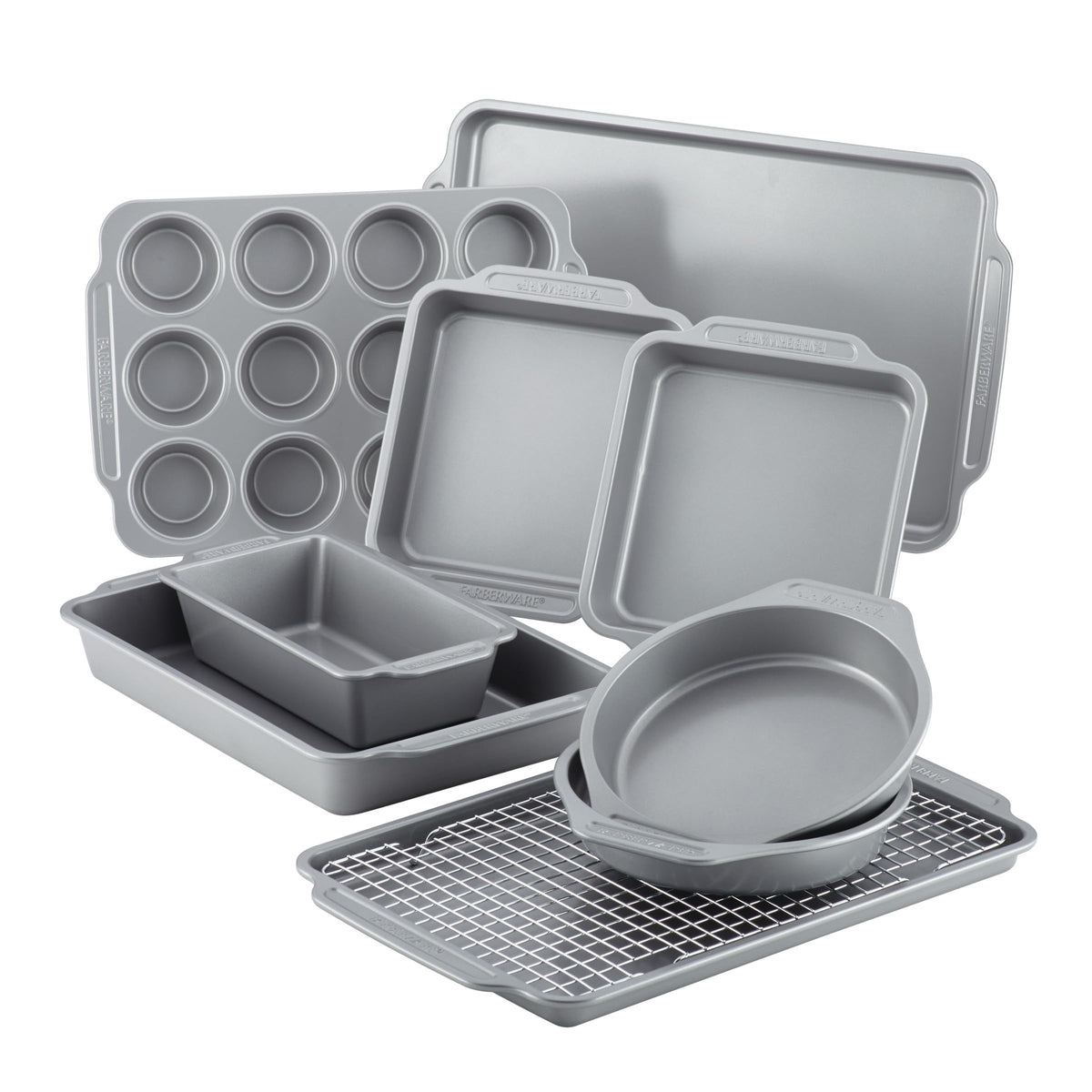 Farberware Nonstick Steel Bakeware Set with Cooling Rack, 10-Piece, Gray